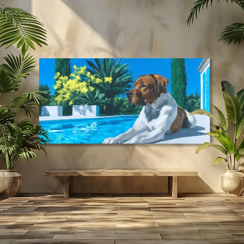 Tablou canvas cu tablou canvas cu caine la piscina, fara rama, pe sasiu de lemn
